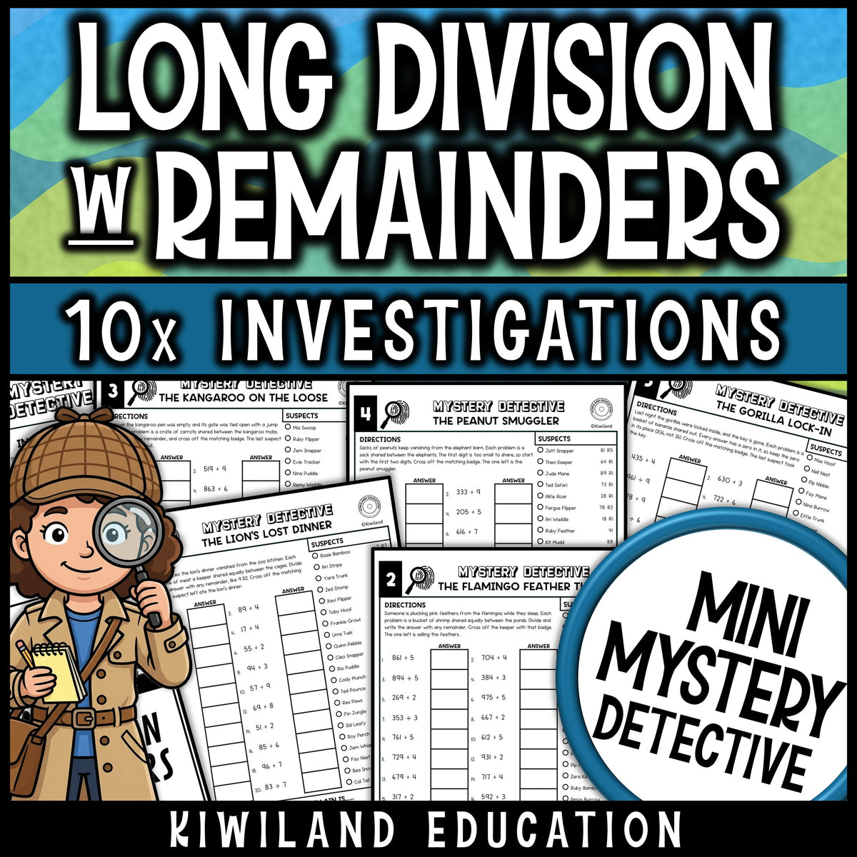 Long division with remainders math worksheets for 4th grade, ten no prep zoo detective cases with a reference page and answer keys