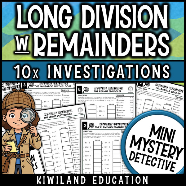 Long division with remainders math worksheets for 4th grade, ten no prep zoo detective cases with a reference page and answer keys