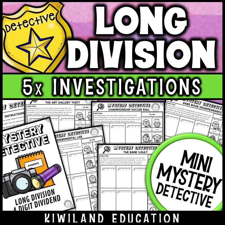 Long division worksheets 4-digit dividend no remainders CSI mystery