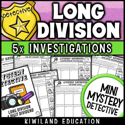 Long division worksheets 4-digit dividend no remainders CSI mystery