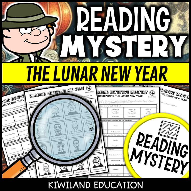 Lunar New Year reading mystery comprehension questions worksheet with suspect line-up