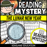 Lunar New Year reading mystery comprehension questions worksheet with suspect line-up