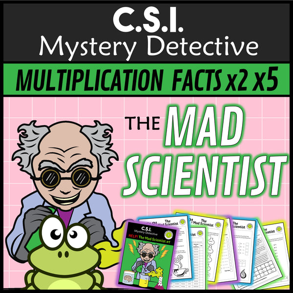 Mad scientist times tables x2 x5 CSI mystery detective grades 3-5