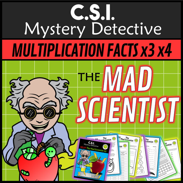 Mad scientist times tables x3 x4 CSI mystery detective grades 3-5
