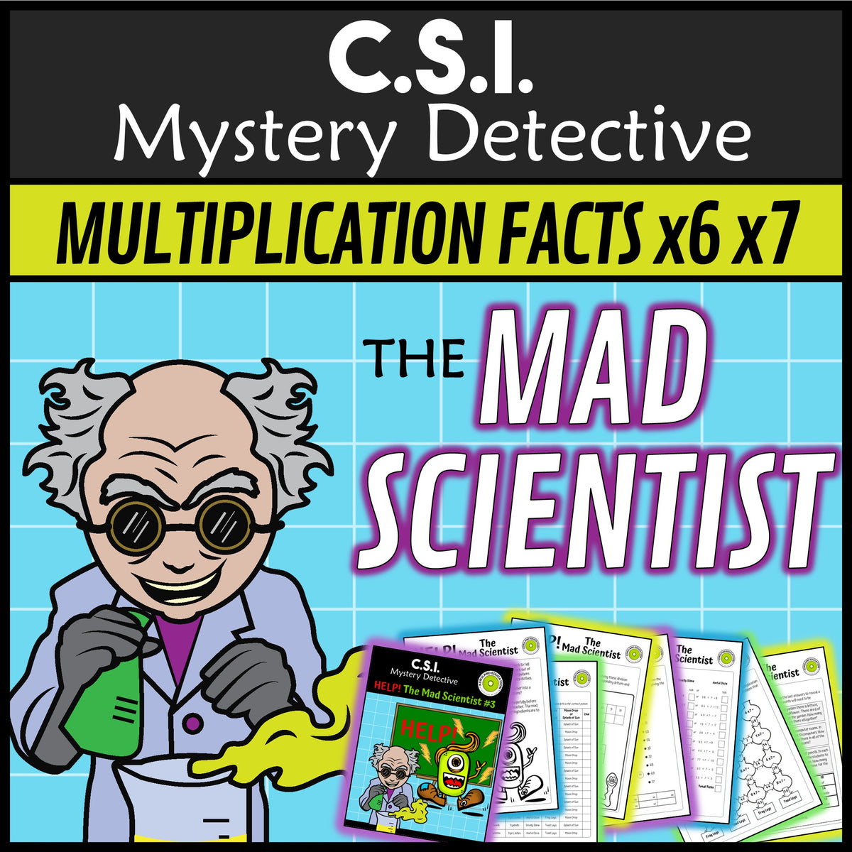 Mad scientist times tables x6 x7 CSI mystery detective grades 3-5
