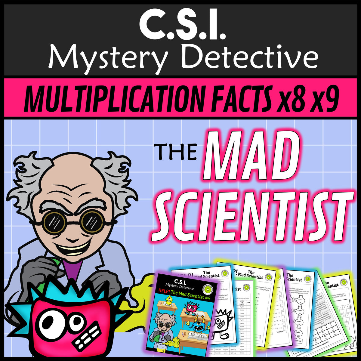 Mad scientist times tables x8 x9 CSI mystery detective grades 3-5