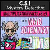 Mad scientist times tables x8 x9 CSI mystery detective grades 3-5
