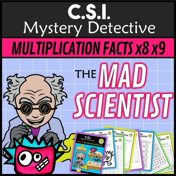 Mad scientist times tables x8 x9 CSI mystery detective grades 3-5