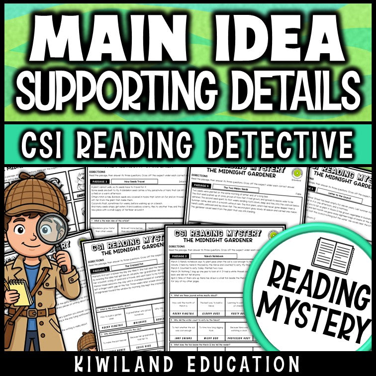 Main idea and supporting key details reading comprehension passages CSI detective mystery cover, grades 3-5