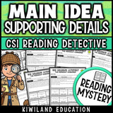 Main idea and supporting key details reading comprehension passages CSI detective mystery cover, grades 3-5