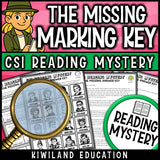 Main Idea and Inferencing Reading Mystery suspect line-up and text evidence questions