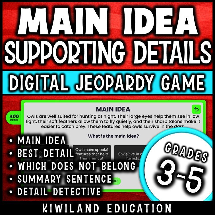 Jeopardy game board with categories and point values for main idea review