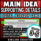 Jeopardy game board with categories and point values for main idea review