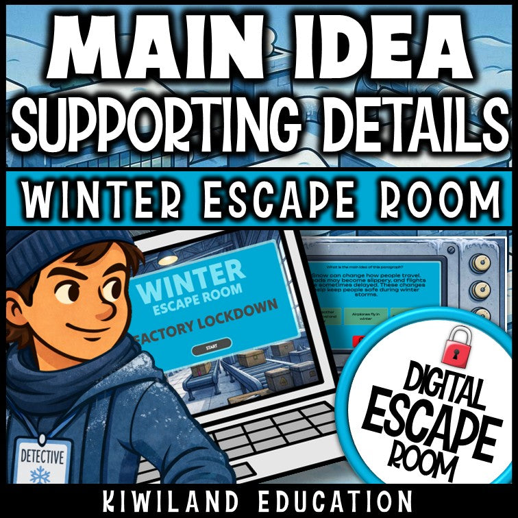 Main idea and supporting details winter digital escape room cover, grades 3–6 reading