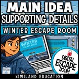 Main idea and supporting details winter digital escape room cover, grades 3–6 reading