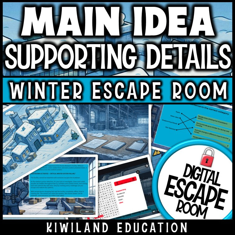 Winter-themed main idea reading escape room puzzle screen