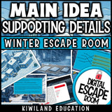 Winter-themed main idea reading escape room puzzle screen