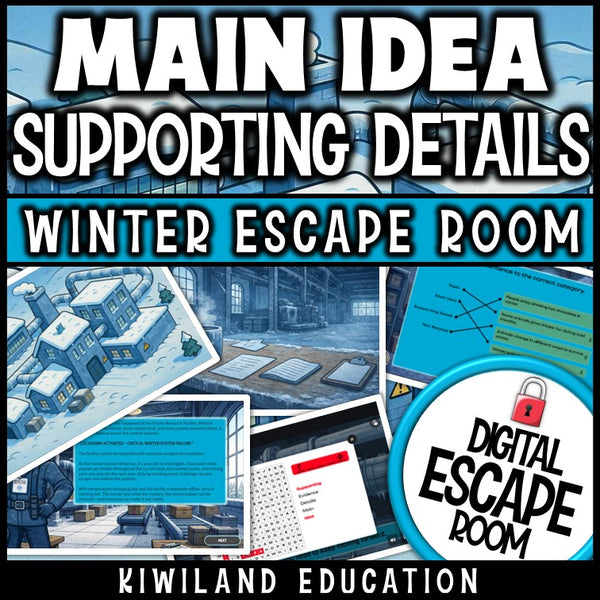 Winter-themed main idea reading escape room puzzle screen