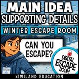 No-prep winter main idea reading comprehension escape room activity
