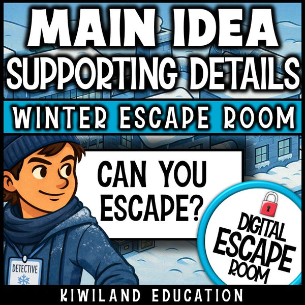 No-prep winter main idea reading comprehension escape room activity