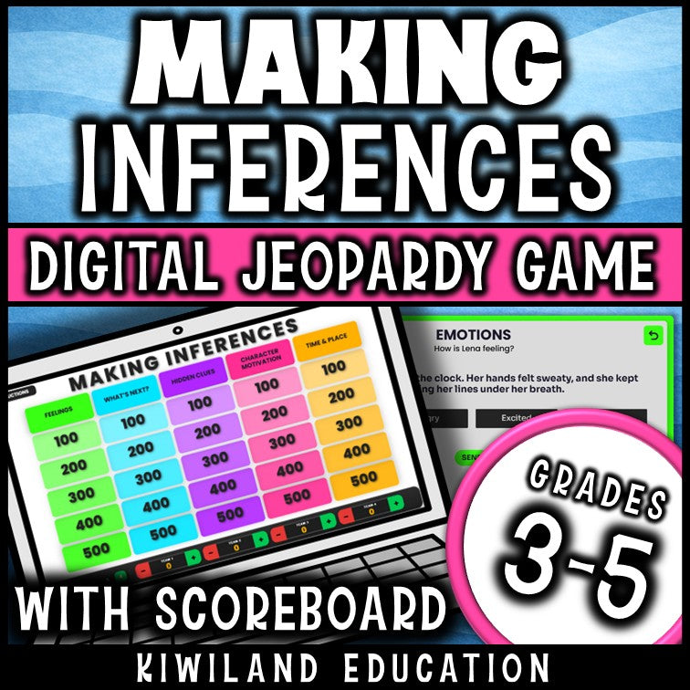 Making inferences digital Jeopardy game cover, reading review for grades 3–6