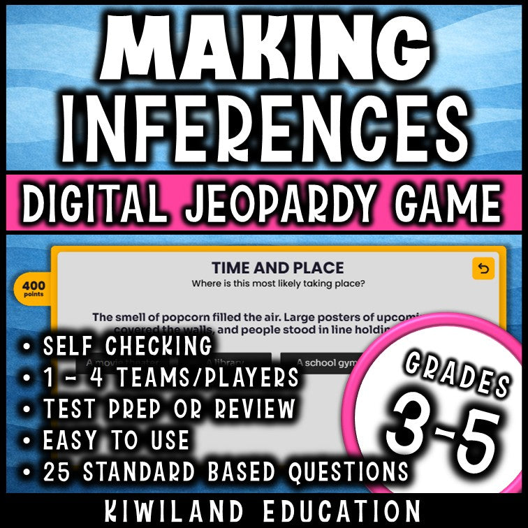 No-prep digital Jeopardy inference and reading comprehension review game grades 3 to 5