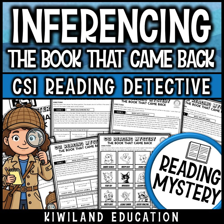 Making inferences reading comprehension passages CSI detective mystery cover, The Book That Came Back, grades 3-5