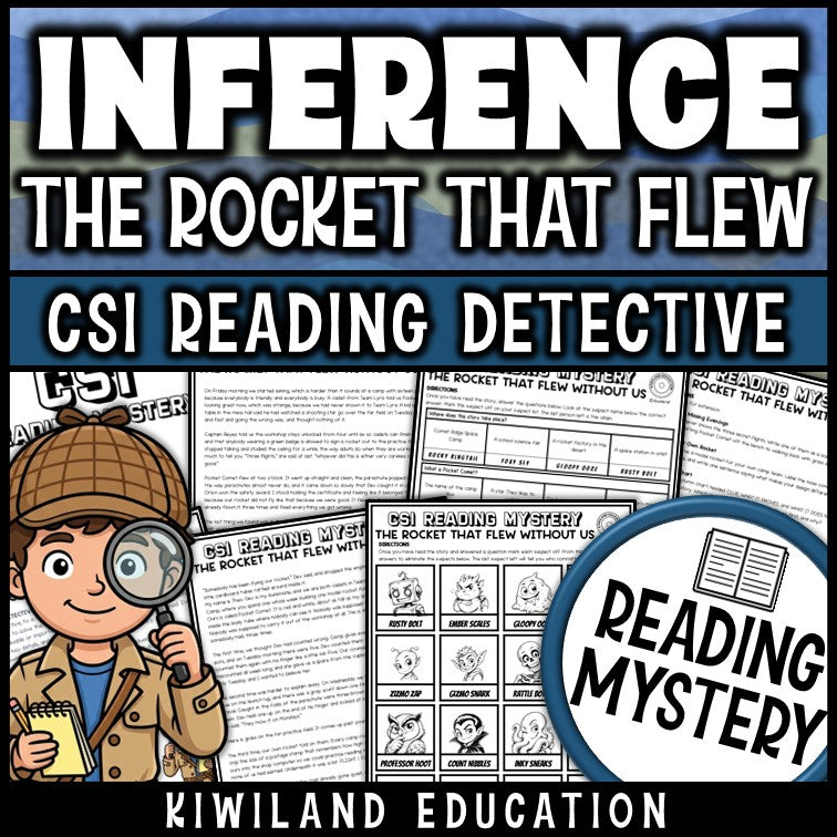 Making inferences reading comprehension passages and questions CSI reading mystery cover, space rocket, grades 3-5