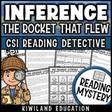 Making inferences reading comprehension passages and questions CSI reading mystery cover, space rocket, grades 3-5