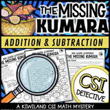 Māori New Year CSI math clue worksheets with addition and subtraction puzzles for Years 4–6