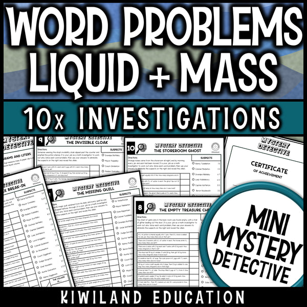 Mass and volume word problems in grams, kilograms and liters, with a certificate and answer keys