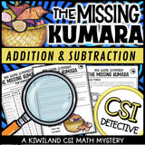 The Missing Kumara math mystery suspect list and clue pages for Matariki addition and subtraction