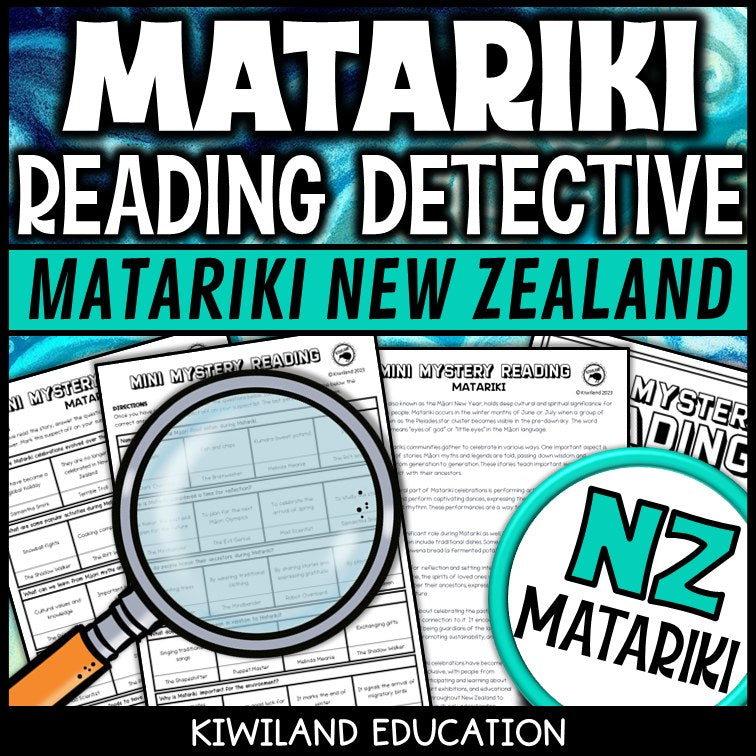 Matariki reading mystery comprehension questions worksheet with suspect line-up