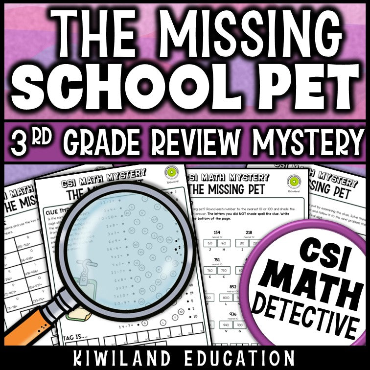 Math mystery worksheets for grade 3 review, print-and-go printable detective activity