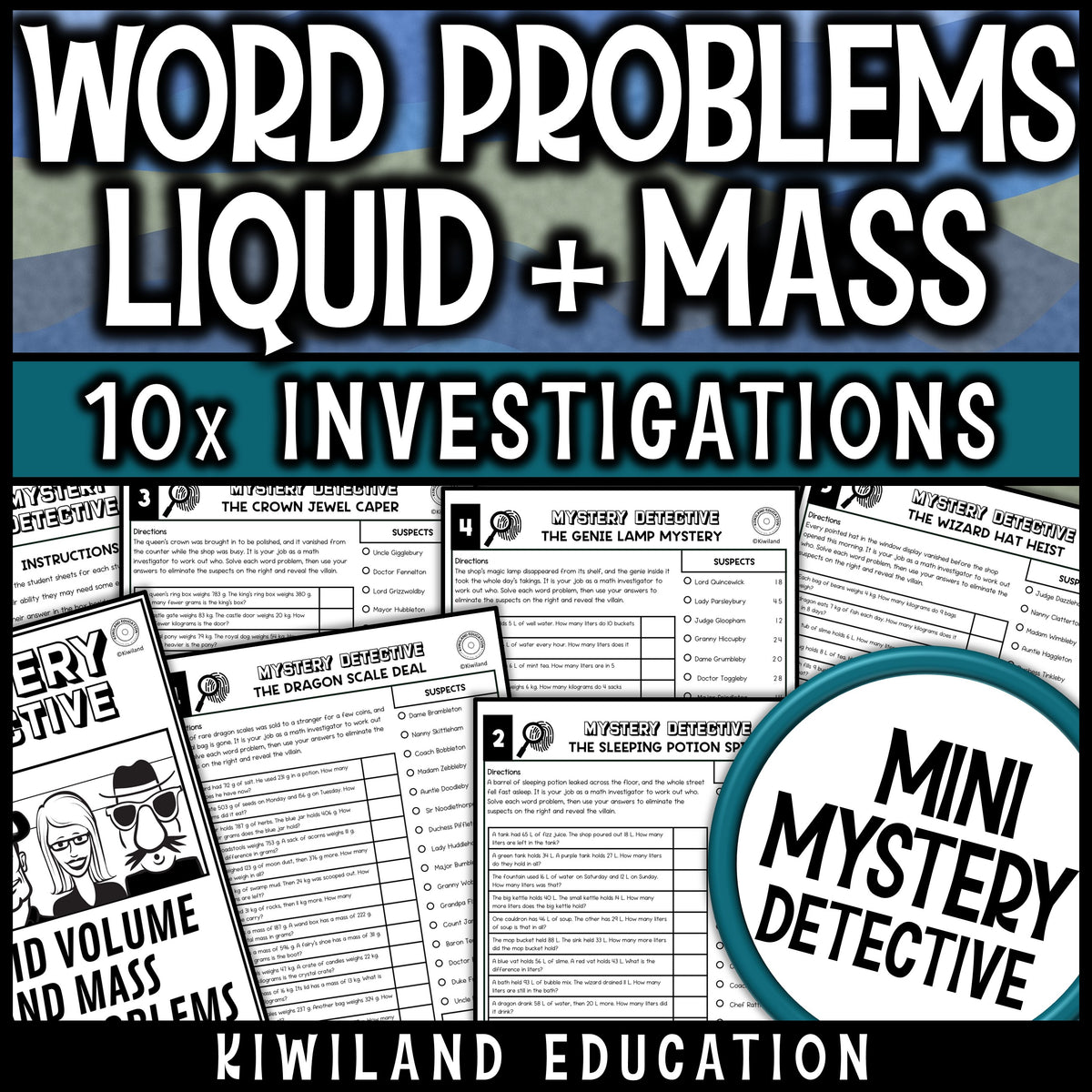 Measurement word problems for 3rd grade with liquid volume and mass, ten no prep potion shop detective cases