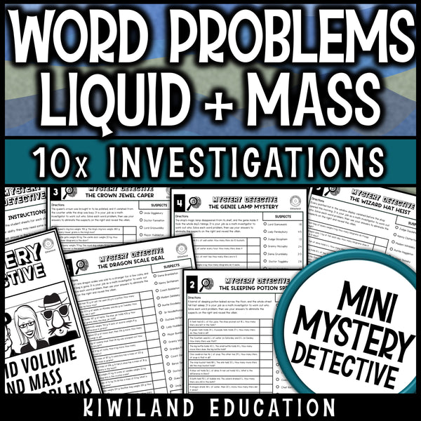 Measurement word problems for 3rd grade with liquid volume and mass, ten no prep potion shop detective cases