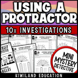 Measuring angles with a protractor worksheet for 4th grade math, ten no prep lighthouse detective cases where students read each angle in degrees and cross suspects off the list