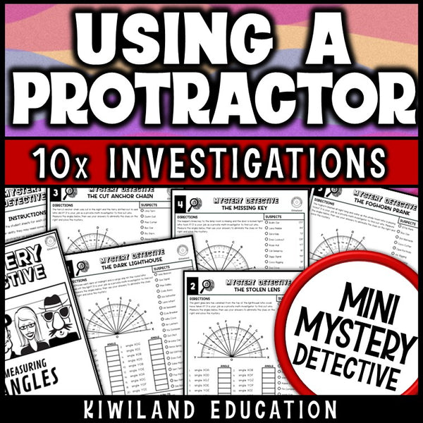 Measuring angles with a protractor worksheet for 4th grade math, ten no prep lighthouse detective cases where students read each angle in degrees and cross suspects off the list