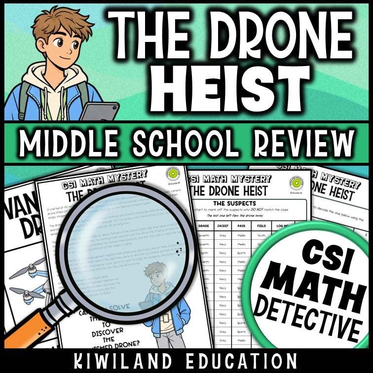Middle school math mystery detective activity with suspect chart, no-prep printable