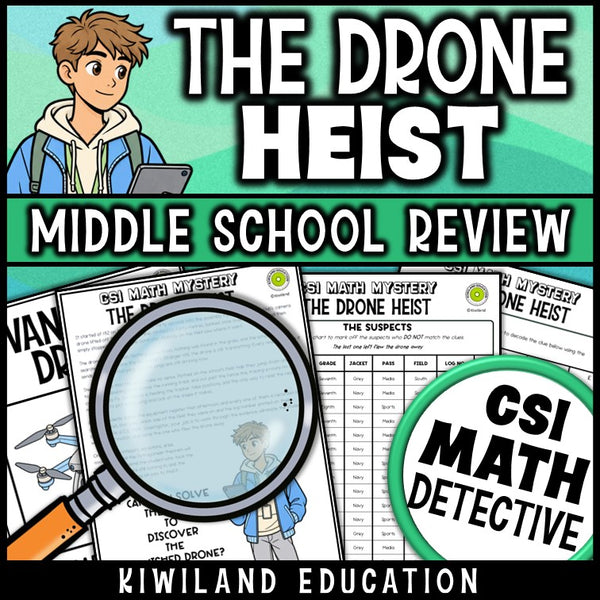 Middle school math mystery detective activity with suspect chart, no-prep printable