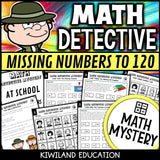 Missing numbers to 120 back-to-school Math Mystery worksheets, detective cover grades 1-2