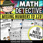 Missing numbers to 120 back-to-school Math Mystery worksheets, detective cover grades 1-2