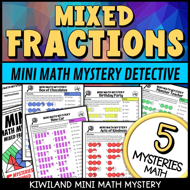 Mixed numbers and fractions math mystery worksheets, detective cover for grades 3-6