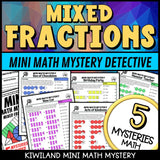 Mixed numbers and fractions math mystery worksheets, detective cover for grades 3-6