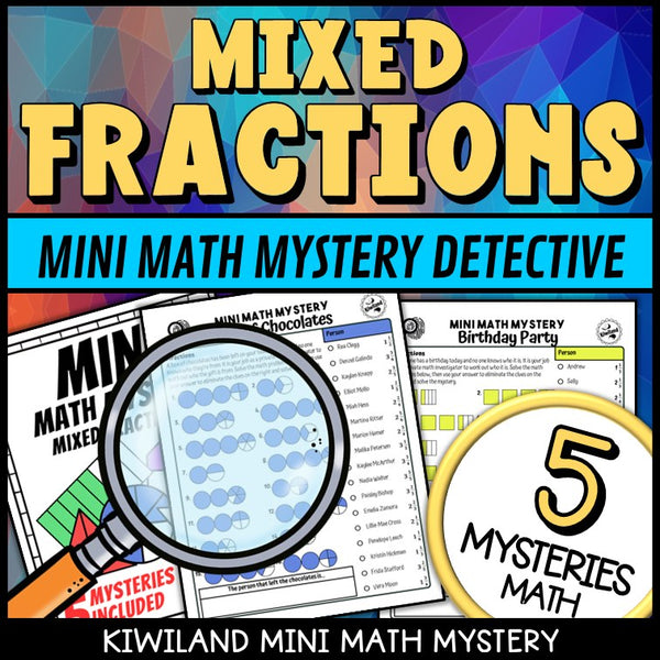 Sample mixed numbers and fractions worksheet with visual fraction models and clue list
