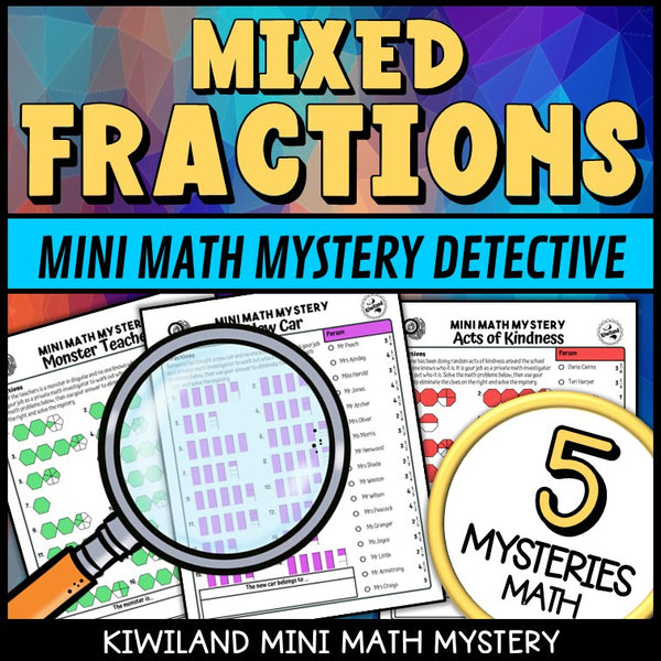 Detective suspect-elimination fractions worksheet page for grades 3-6