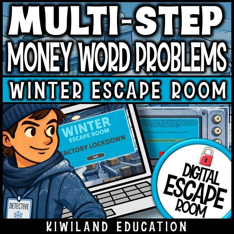 Multi-step money word problems winter digital escape room cover for grades 3–6 math