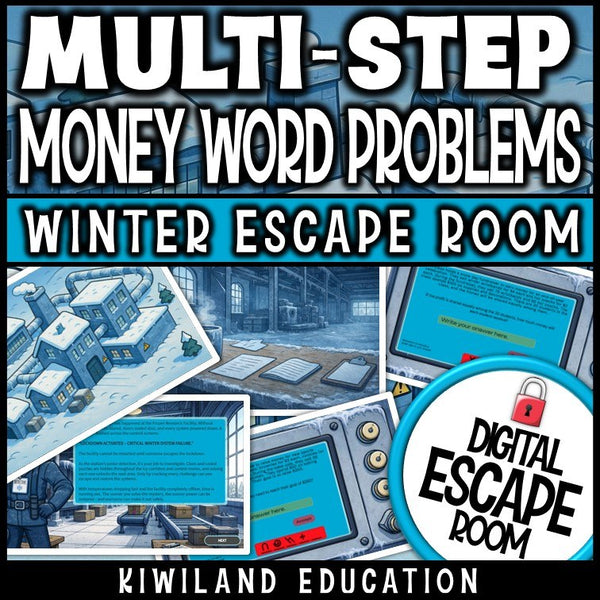 Interactive winter math activity with animated money word problem challenges