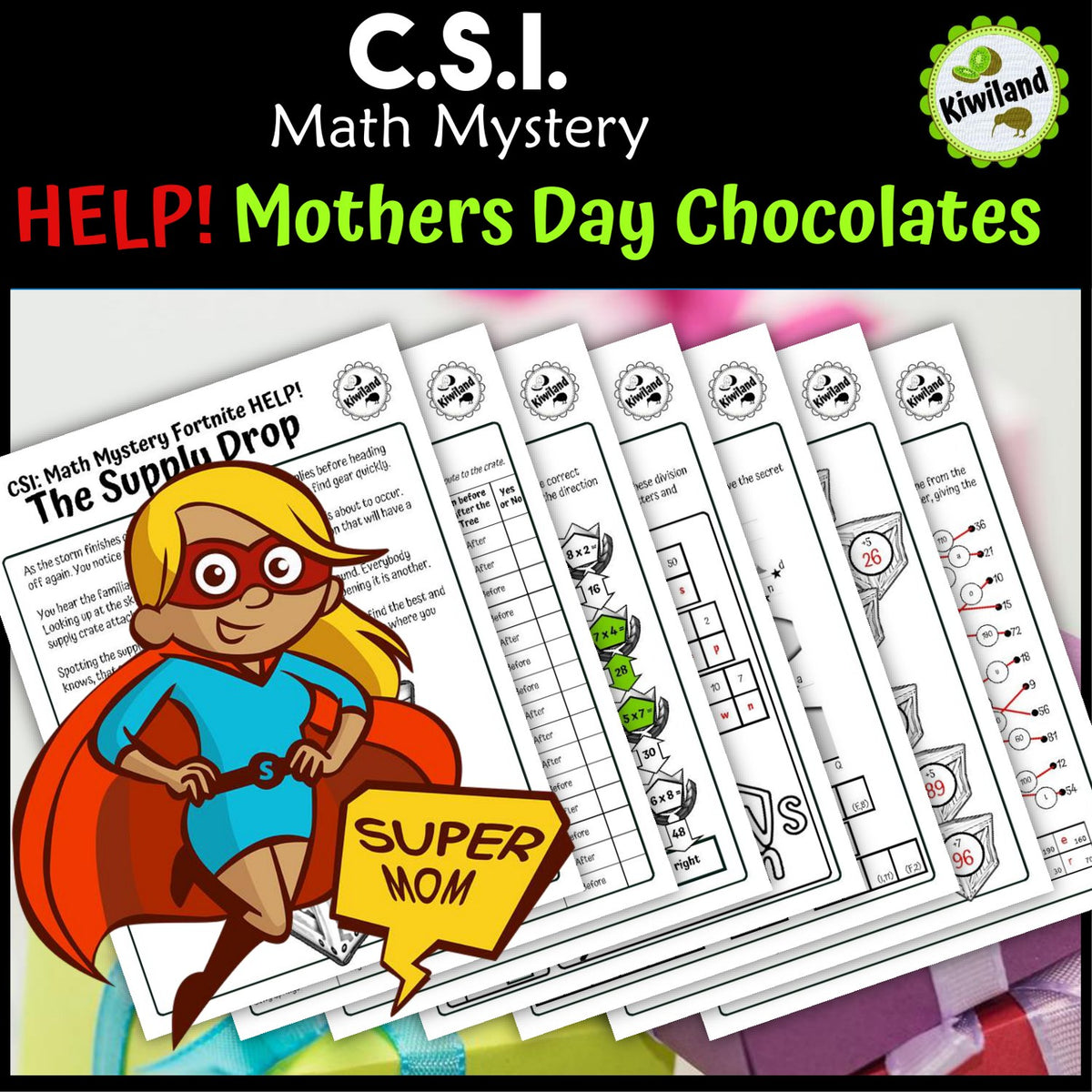 Mother's Day math clue worksheet pages - The Missing Chocolates CSI math mystery