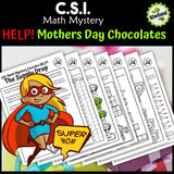 Mother's Day math clue worksheet pages - The Missing Chocolates CSI math mystery